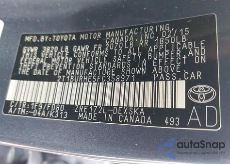2015 Toyota Corolla L from USA, damaged, VIN 2T1BURHE5FC358971